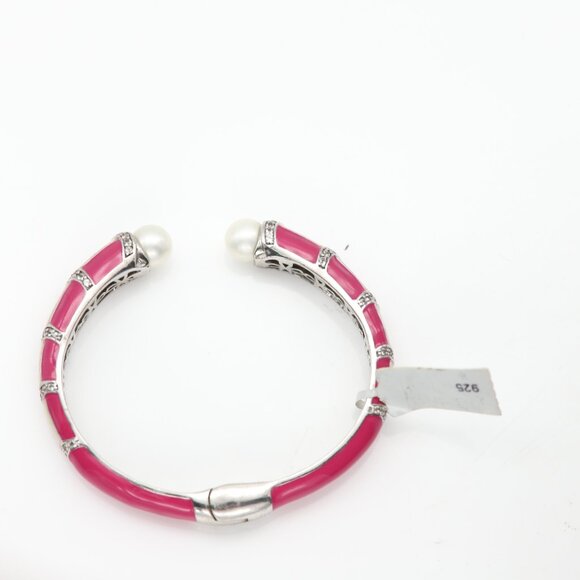 Sterling Silver Bangle Cuff Bracelet Pink and White Enamel Quartz stones and Pea - Picture 5 of 10